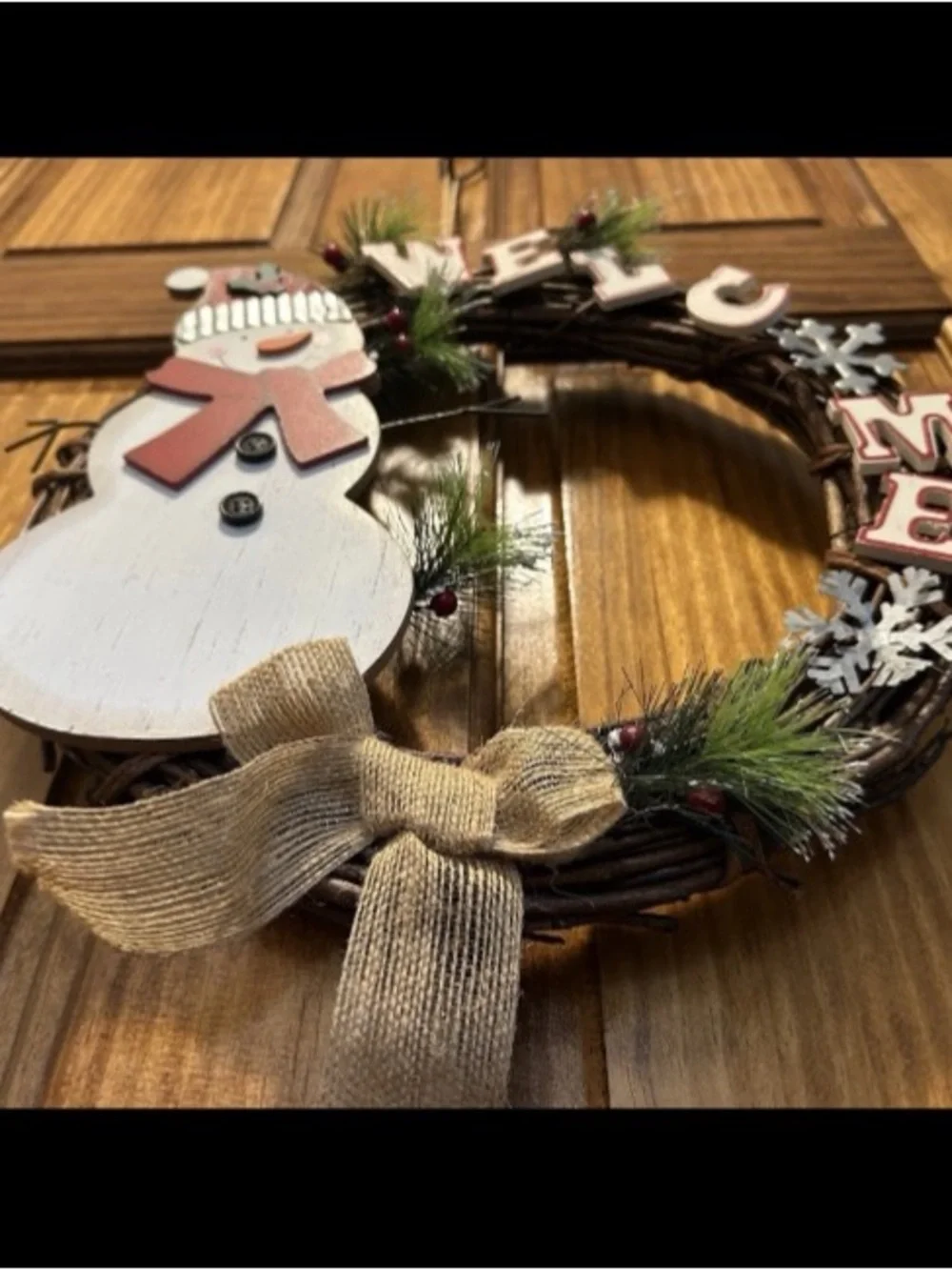 Christmas Welcome Wreath Door Decor Wall Hanging Wood Snowman Rustic Handcrafted